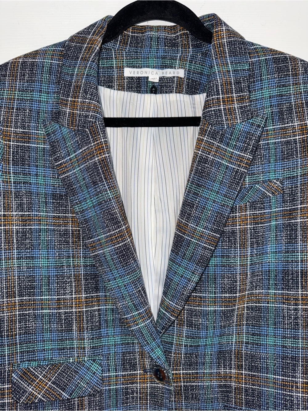 VERONICA BEARD Dickey Blue Plaid MARTEL Ruched Slv Cotton Linen Blazer Jacket 8 - Picture 8 of 16
